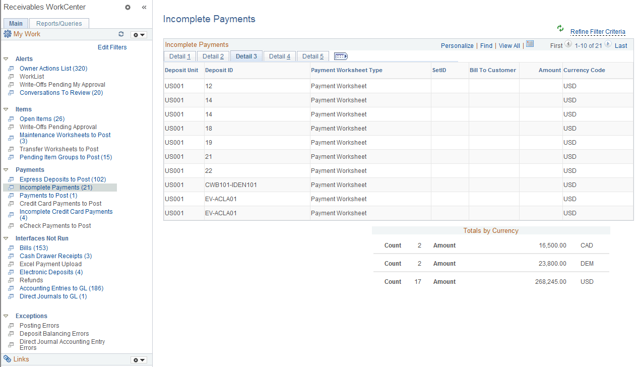 Incomplete Payments page - Detail 3 tab
