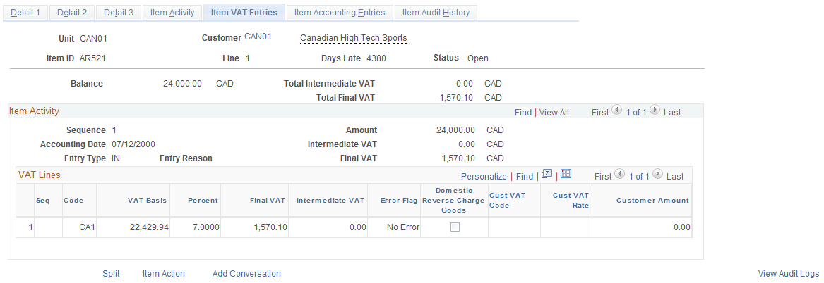 Item VAT Entries page
