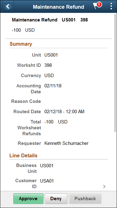 Maintenance Refund - Approval Header Detail page