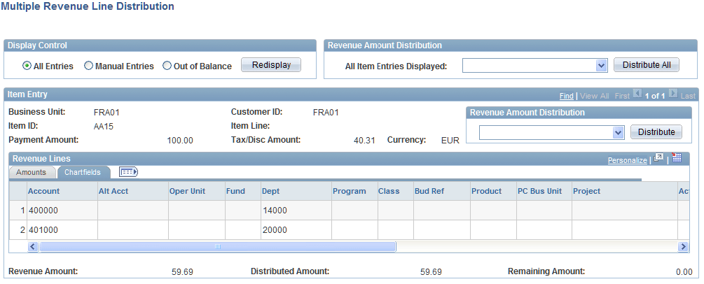 Multiple Revenue Line Distribution page - Chartfields tab