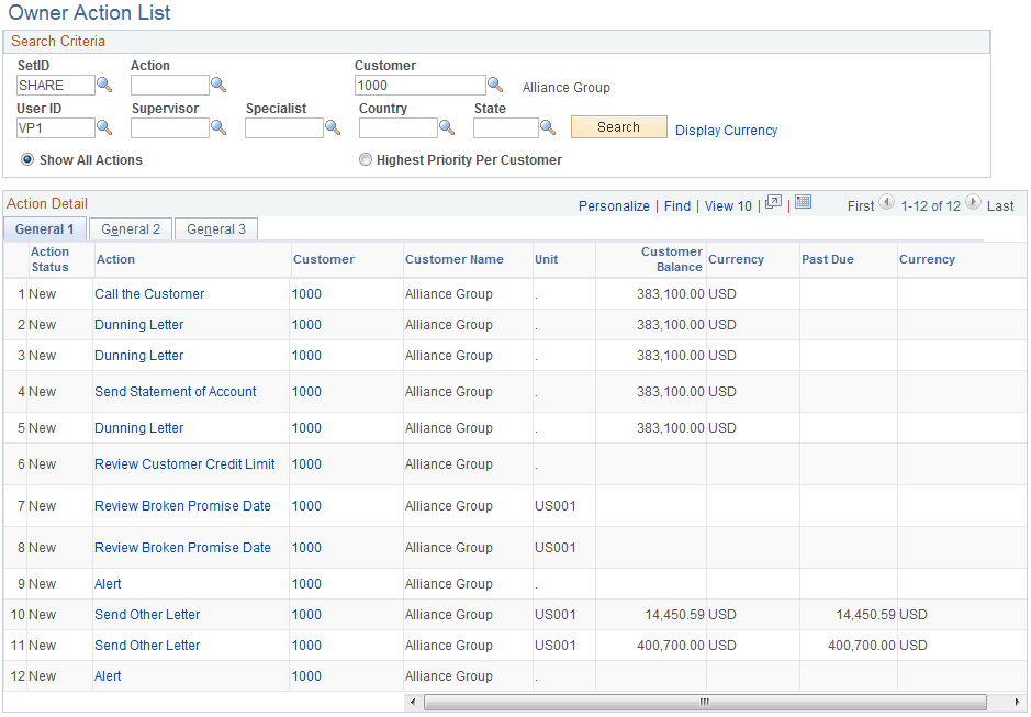 Owner Action List page - General 1 tab