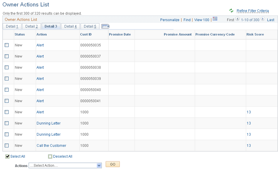 Owner Actions List page - Detail 3 tab