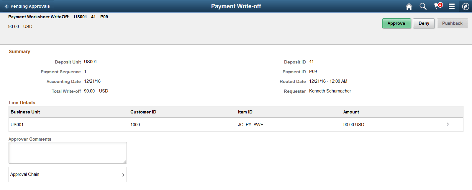 Payment Write-Off - Approval Header Detail page (LFF)