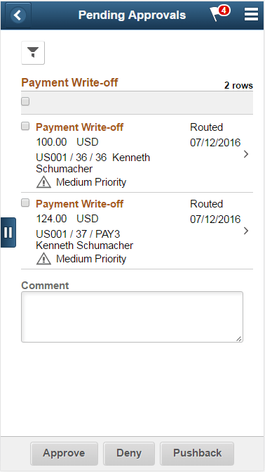 Payment Write-Off - Pending Approvals list page (SFF)