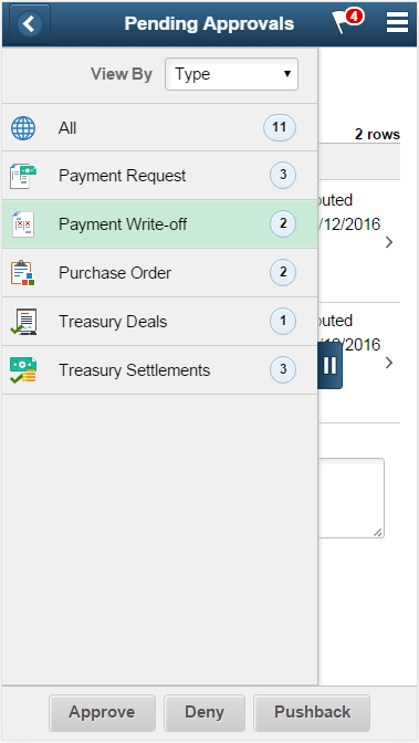 Payment Write-Off - Pending Approvals transaction type panel (SFF)