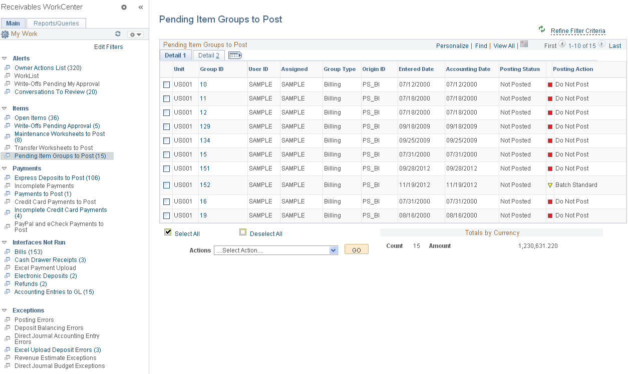 Pending Item Groups to Post page - Detail 1 tab
