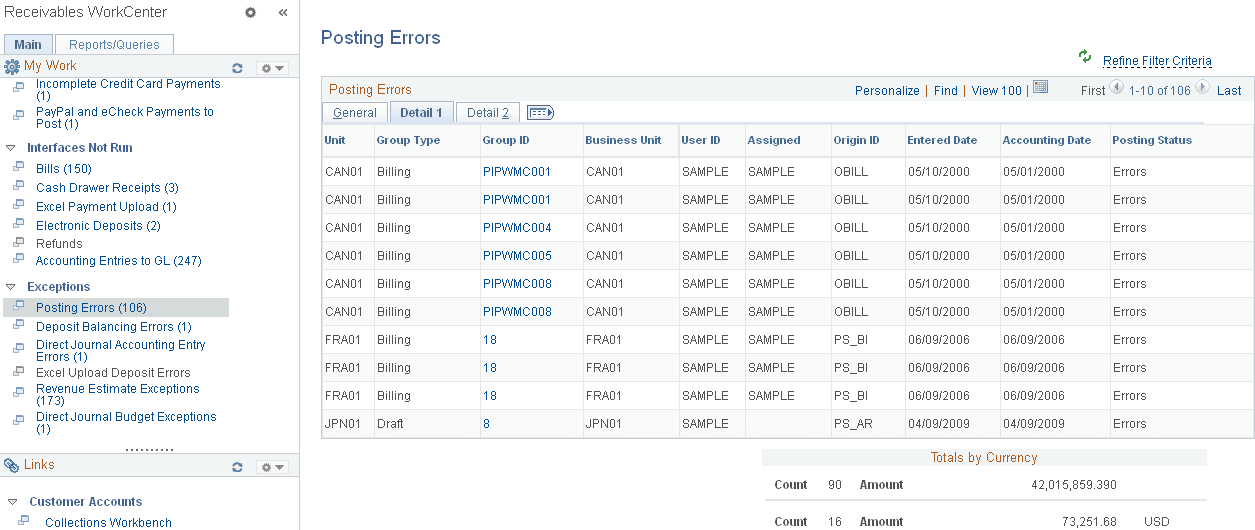 Posting Errors page - Detail 1 tab