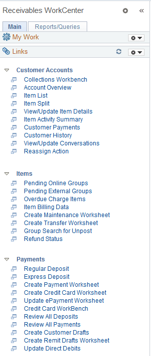 Receivables WorkCenter - Links pagelet (1 of 2)