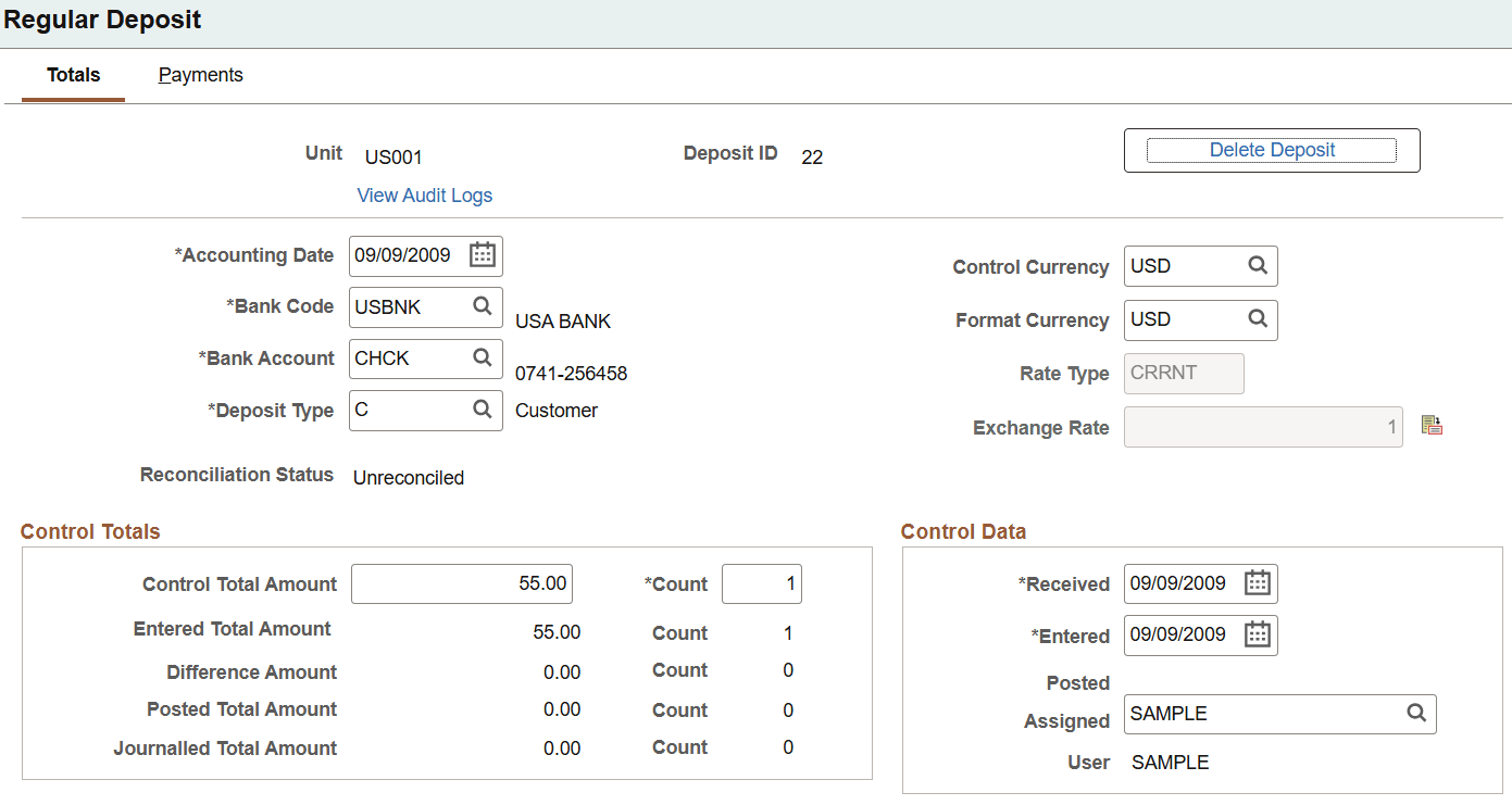 Regular Deposit - Totals page