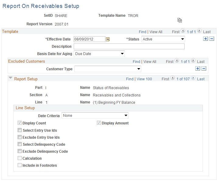 Report on Receivables Setup page
