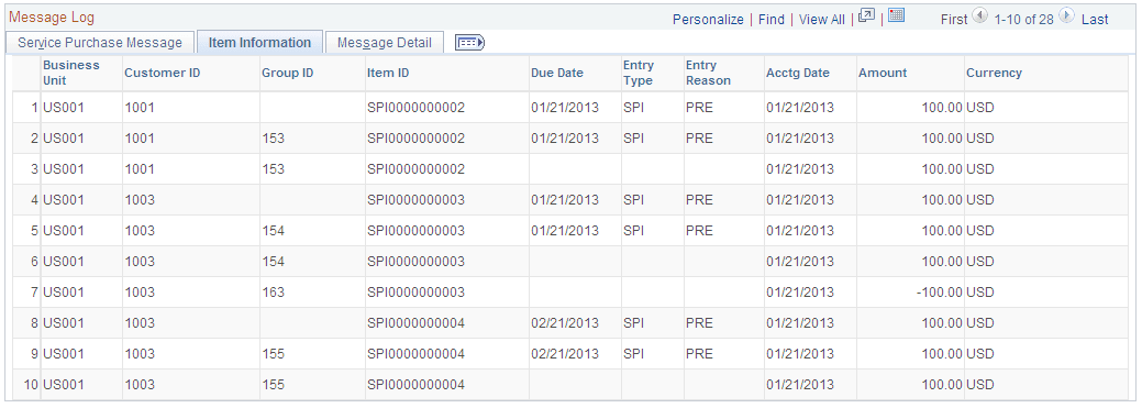 Service Purchase Message Log page - Item Information tab