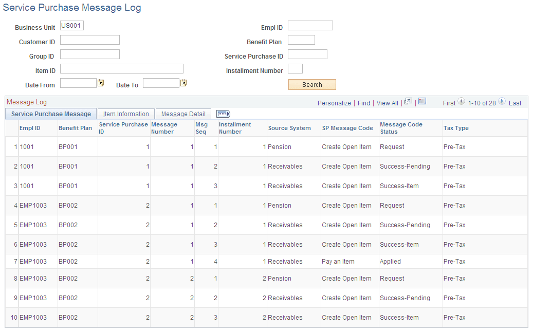Service Purchase Message Log page