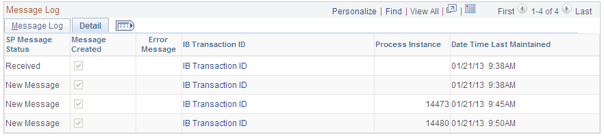 Service Purchases page - Message Log Detail tab