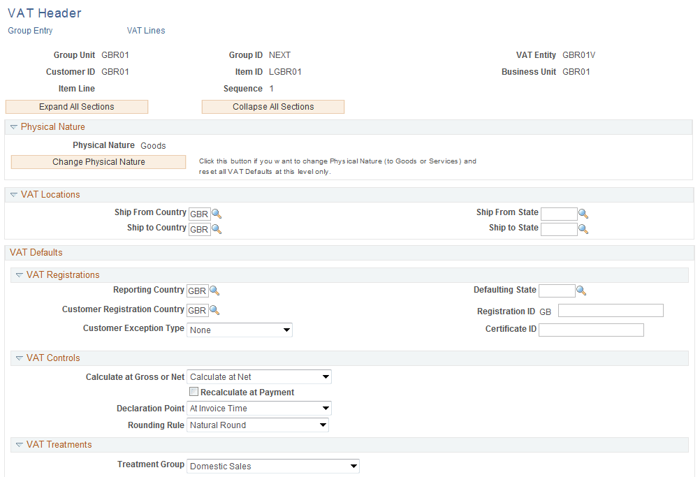 VAT Header page (1 of 2)