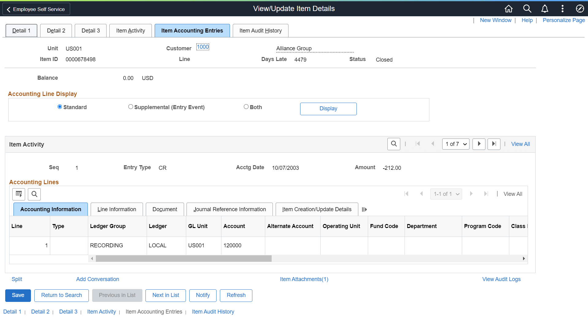 View Update Item Details Item Accounting Entries