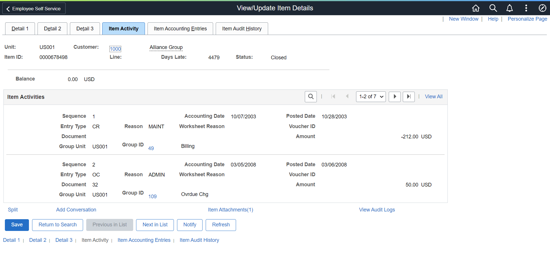 View Update Item Details Item Activity