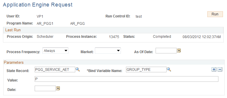 Viewing run parameters for AR_PGG1 on the Application Engine Request page