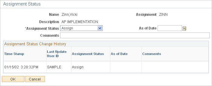 Assign Resource - Assignment Status page