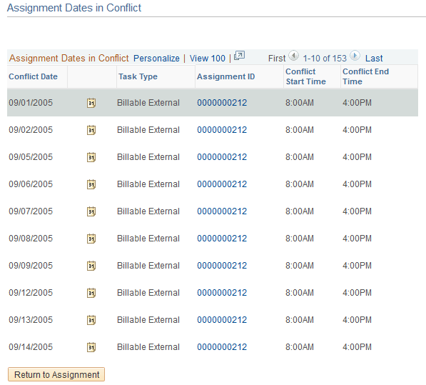 Assignment Dates in Conflict page