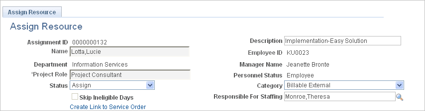 Header information on the Assign Resource page