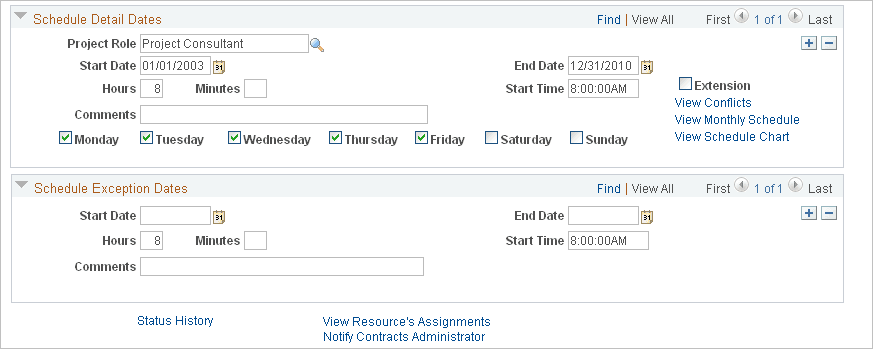Schedule information on the Assign Resource page