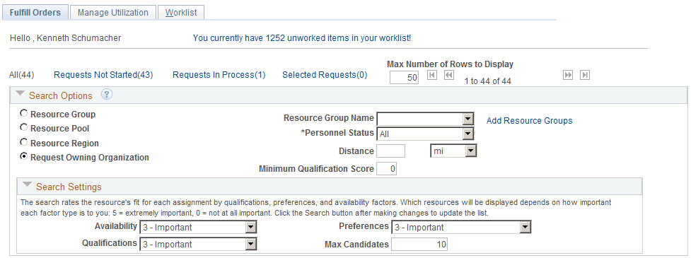 Search Options and Search Settings collapsible group boxes on the Staffing Workbench - Fulfill Orders page