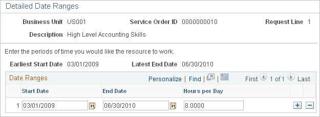 Service Order - Detailed Date Ranges page