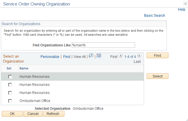 Service Order Owning Organization - Select an Organization advanced search page