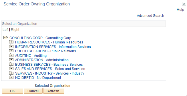 Service Order Owning Organization - Select an Organization basic search page