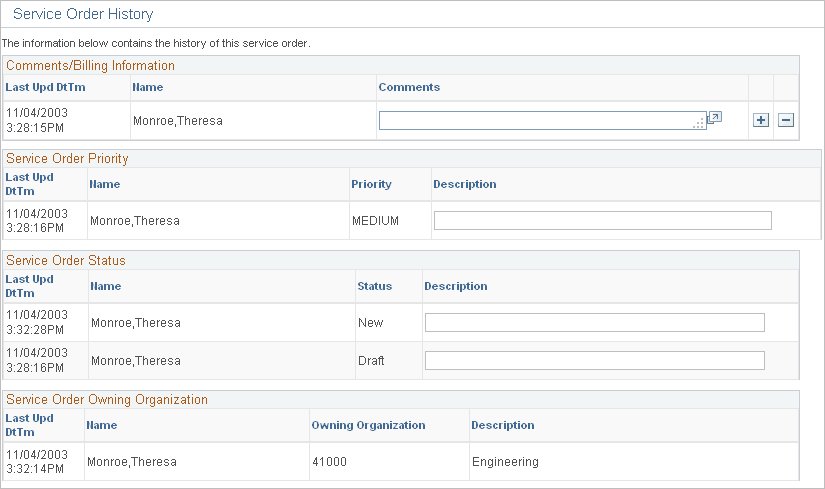 Service Order - Service Order History page