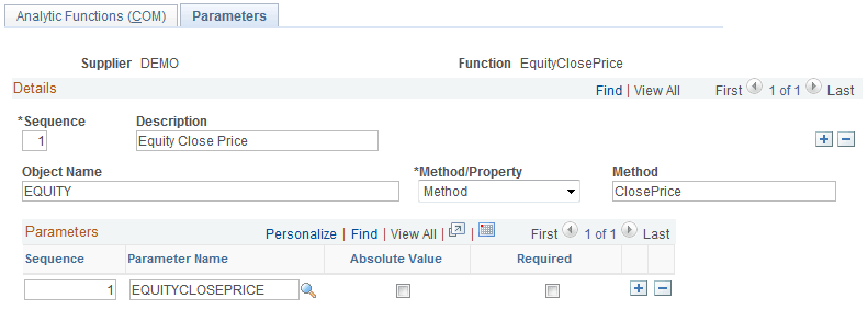 Analytic Functions (COM) - Parameters page