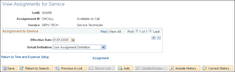 Assignments by Service page