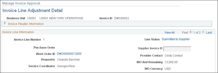 Manage Invoice Approval – Invoice Line Adjustment Detail Page (1 of 2)