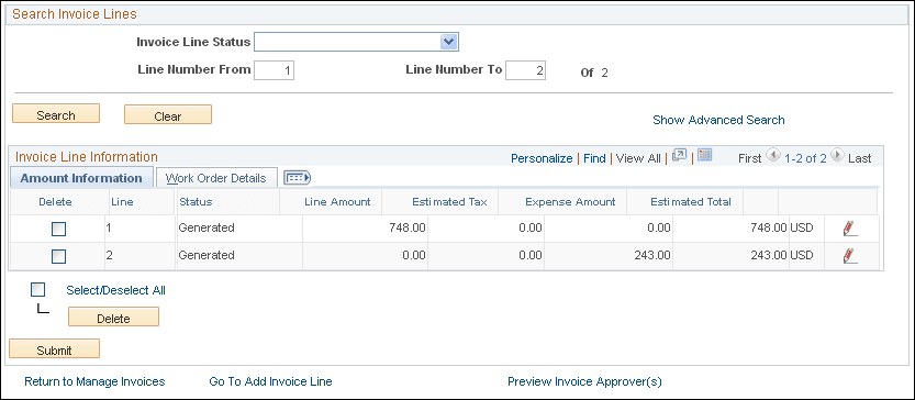Manage Invoice - Line Summary page (2 of 2)