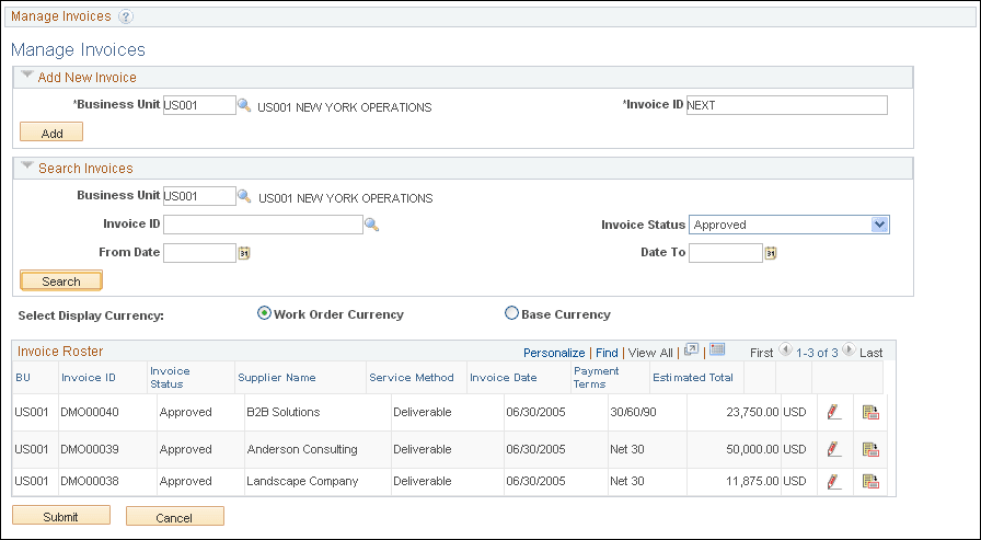 Manage Invoices page