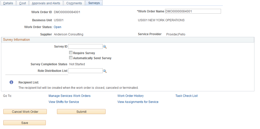 Manage Work Order - Surveys page