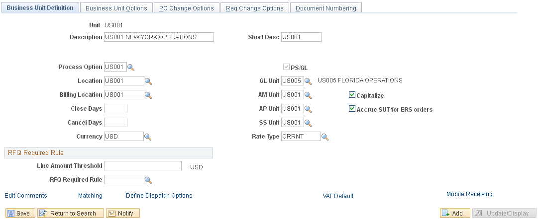 Purchasing - Business Unit Definition page