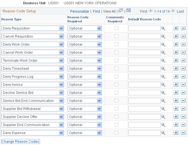 Reason Code Setup page
