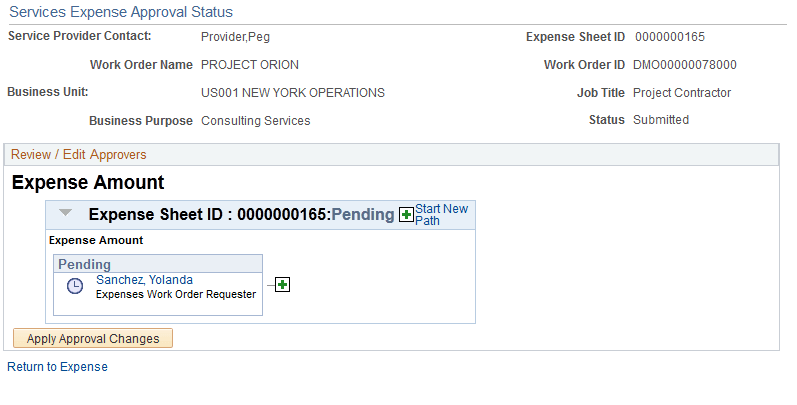 Services Expense Approval Status page