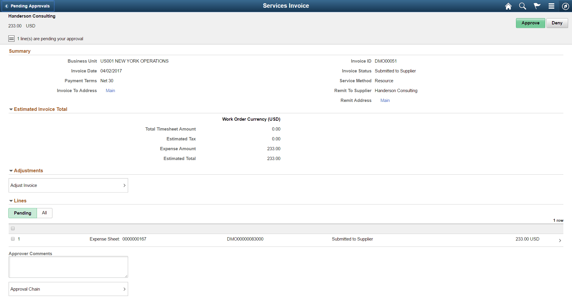 Services Invoice header approval page