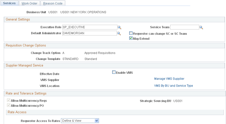 Services Procurement Bus Unit page (1 of 3)