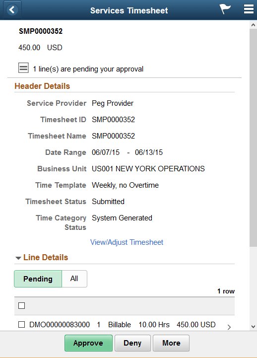 Services Timesheet header approval page as displayed on a smartphone