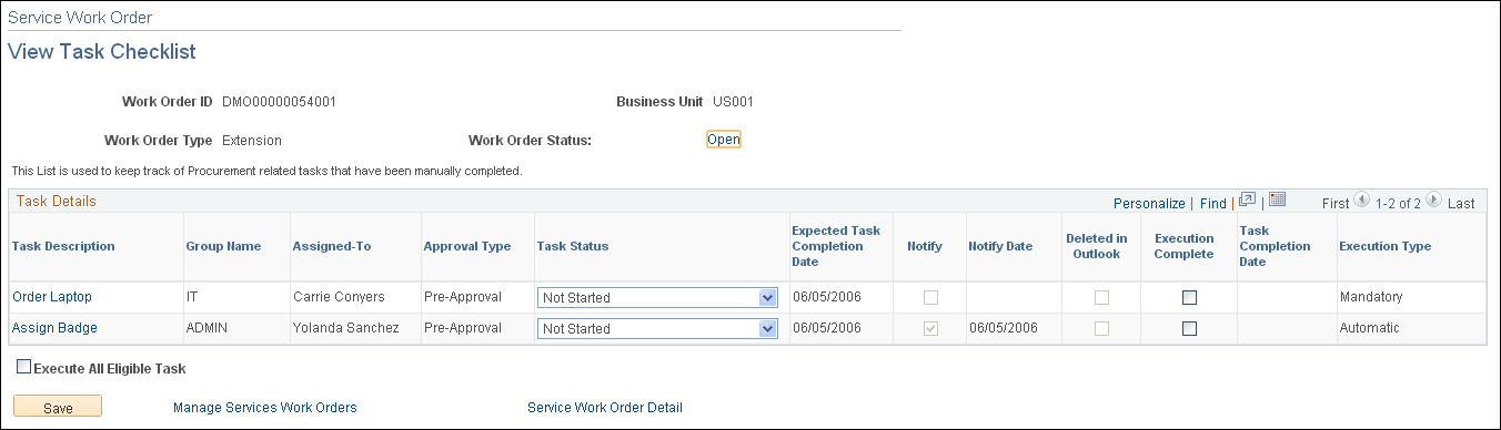 View Task Checklist page