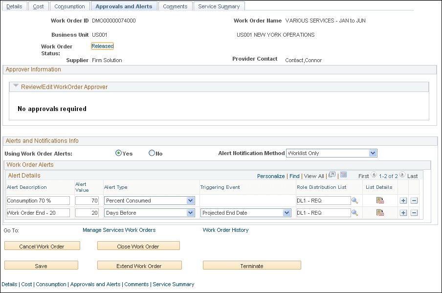 Work Order - Approvals and Alerts page