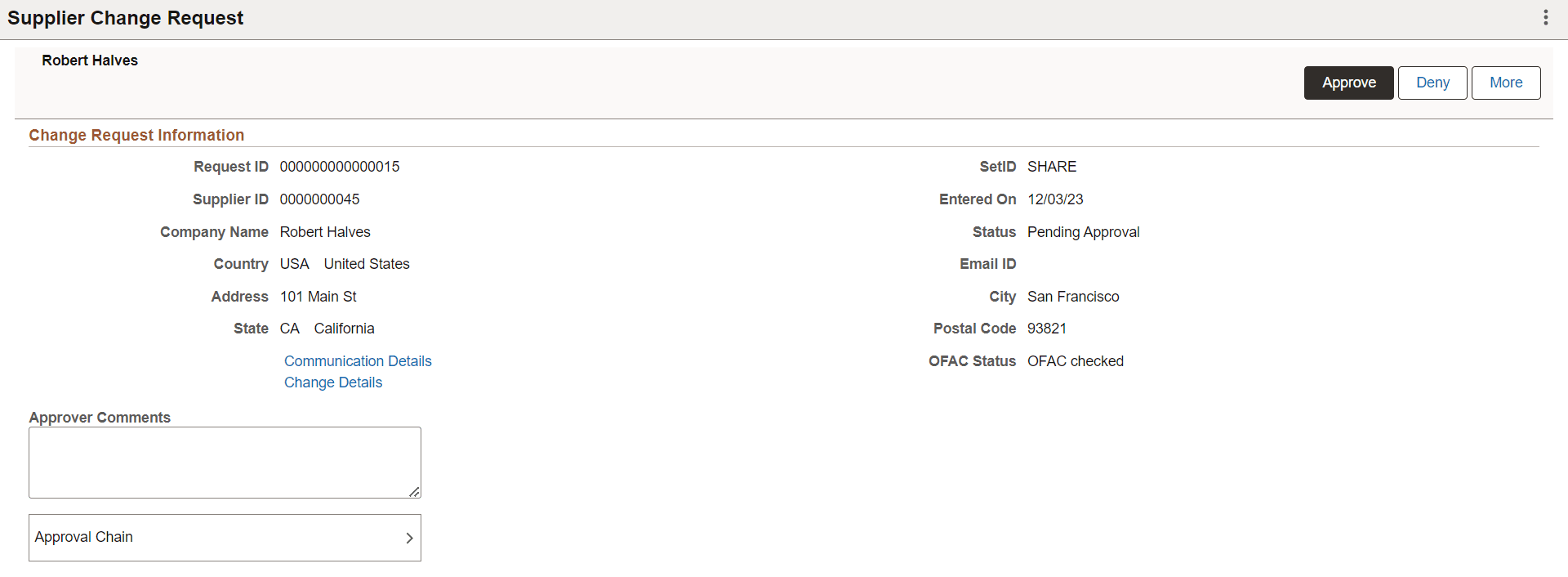 Approval Supplier Change Request Details