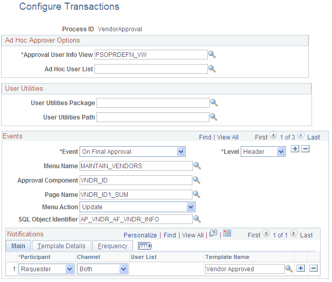 Configure Transactions page for Supplier Approval