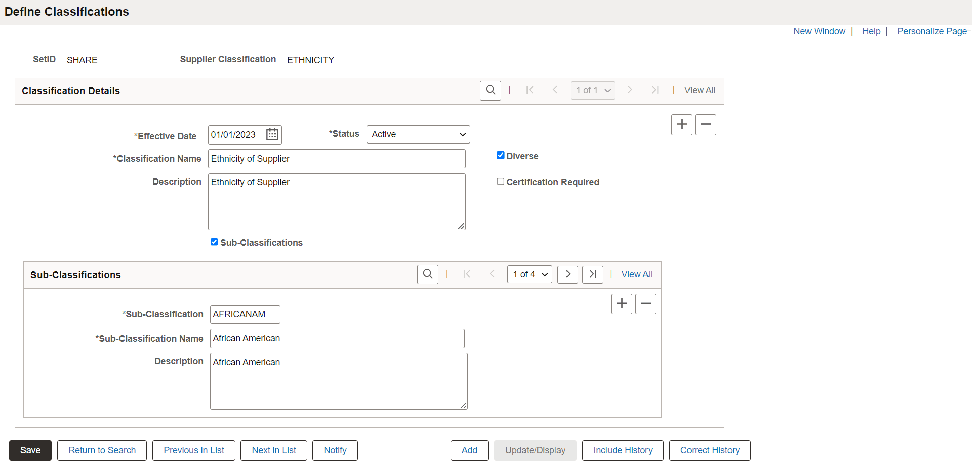 Define Classifications Page