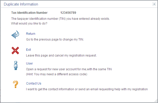 Duplicate Information page