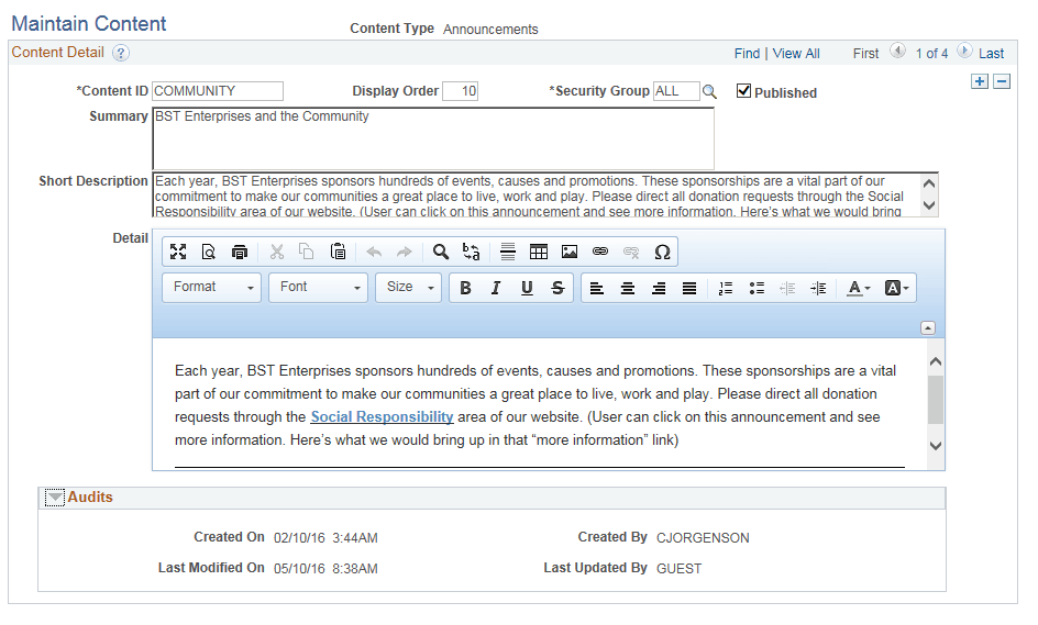 Maintain Content - Announcements page