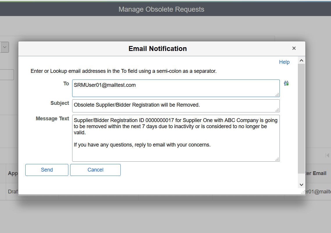 Manage Obsolete Requests - Send notification page